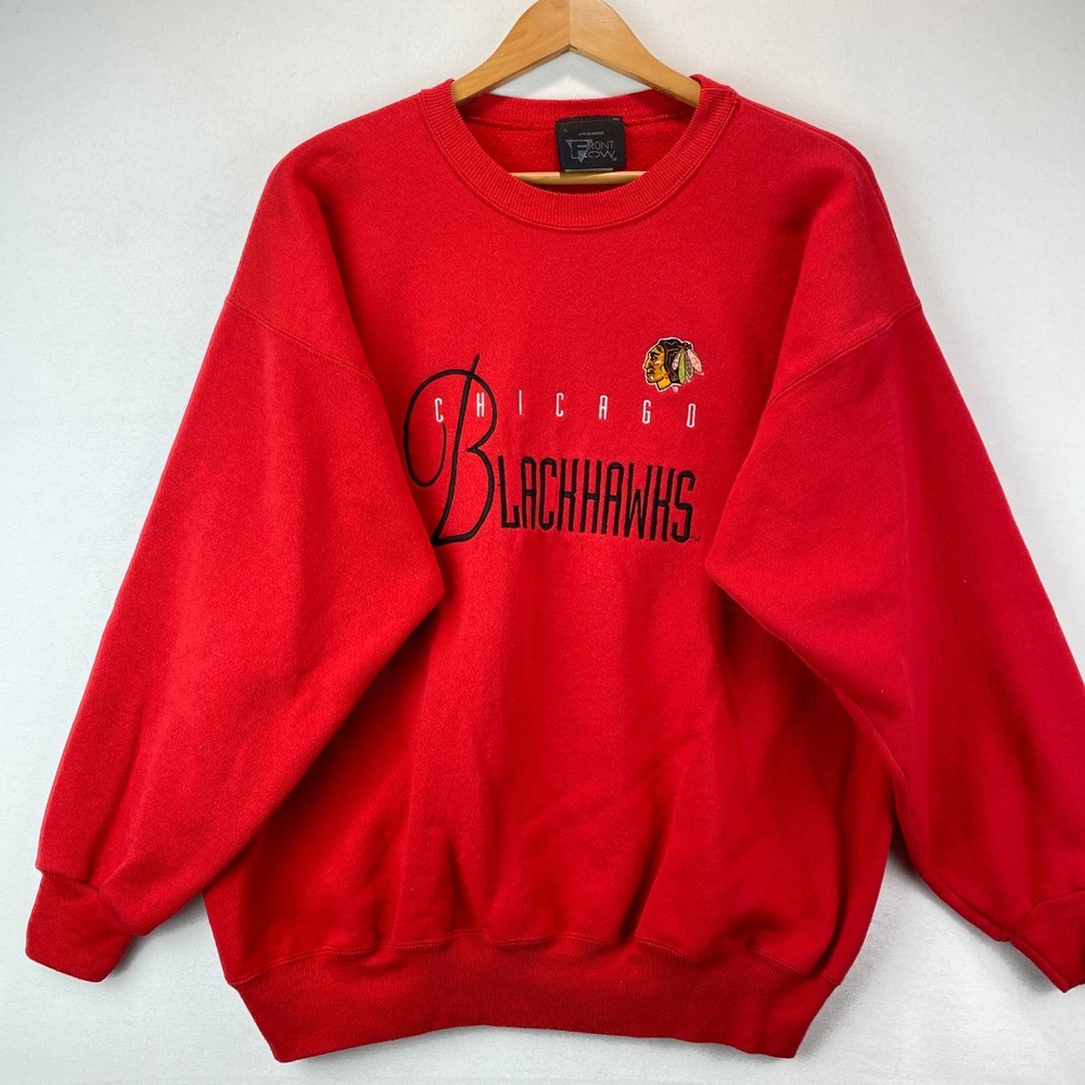 VTG Front Row Chicago Blackhawks NHL Mens XL Red Fleece Crewneck Sweatshirt